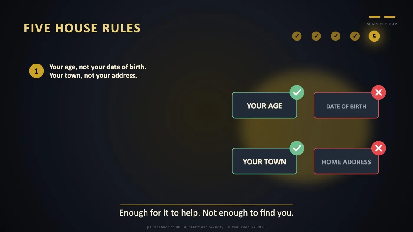 Slide 36: Five House Rules. Enough for it to help. Not enough to find you.
