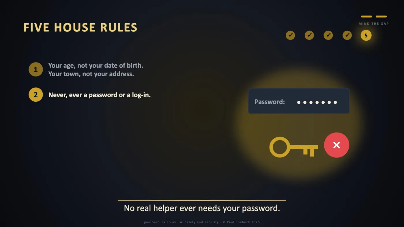 Slide 37: Five House Rules. No real helper ever needs your password.
