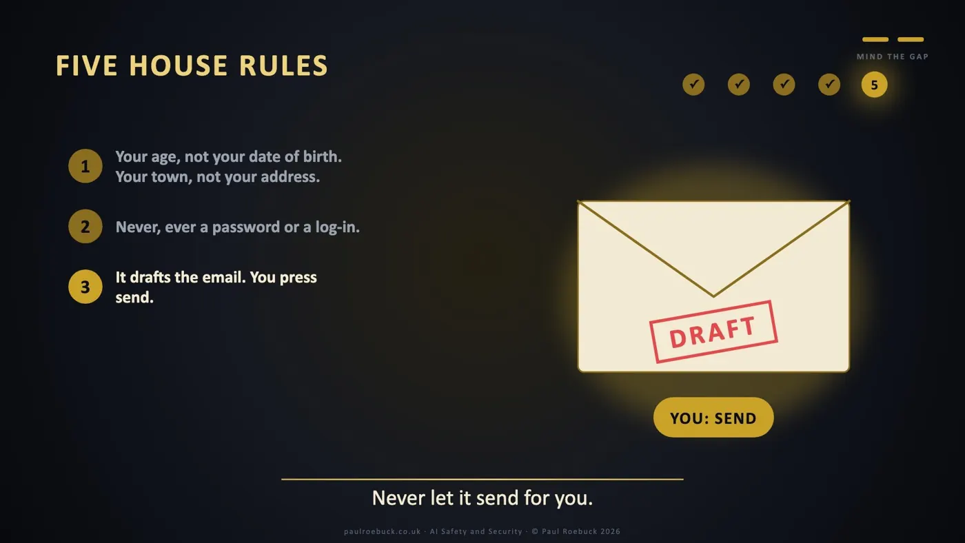 Slide 38: Five House Rules. Never let it send for you.