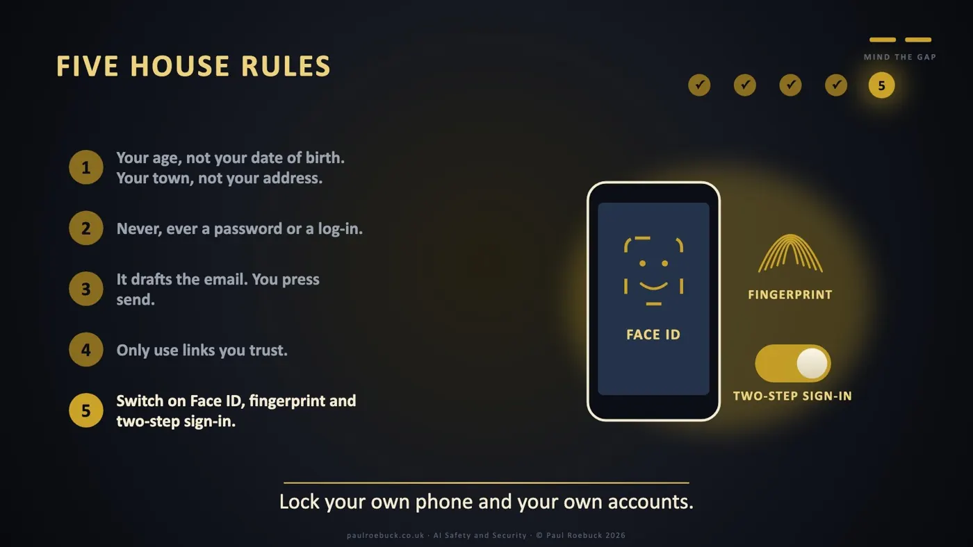 Slide 40: Five House Rules. Lock your own phone and your own accounts.