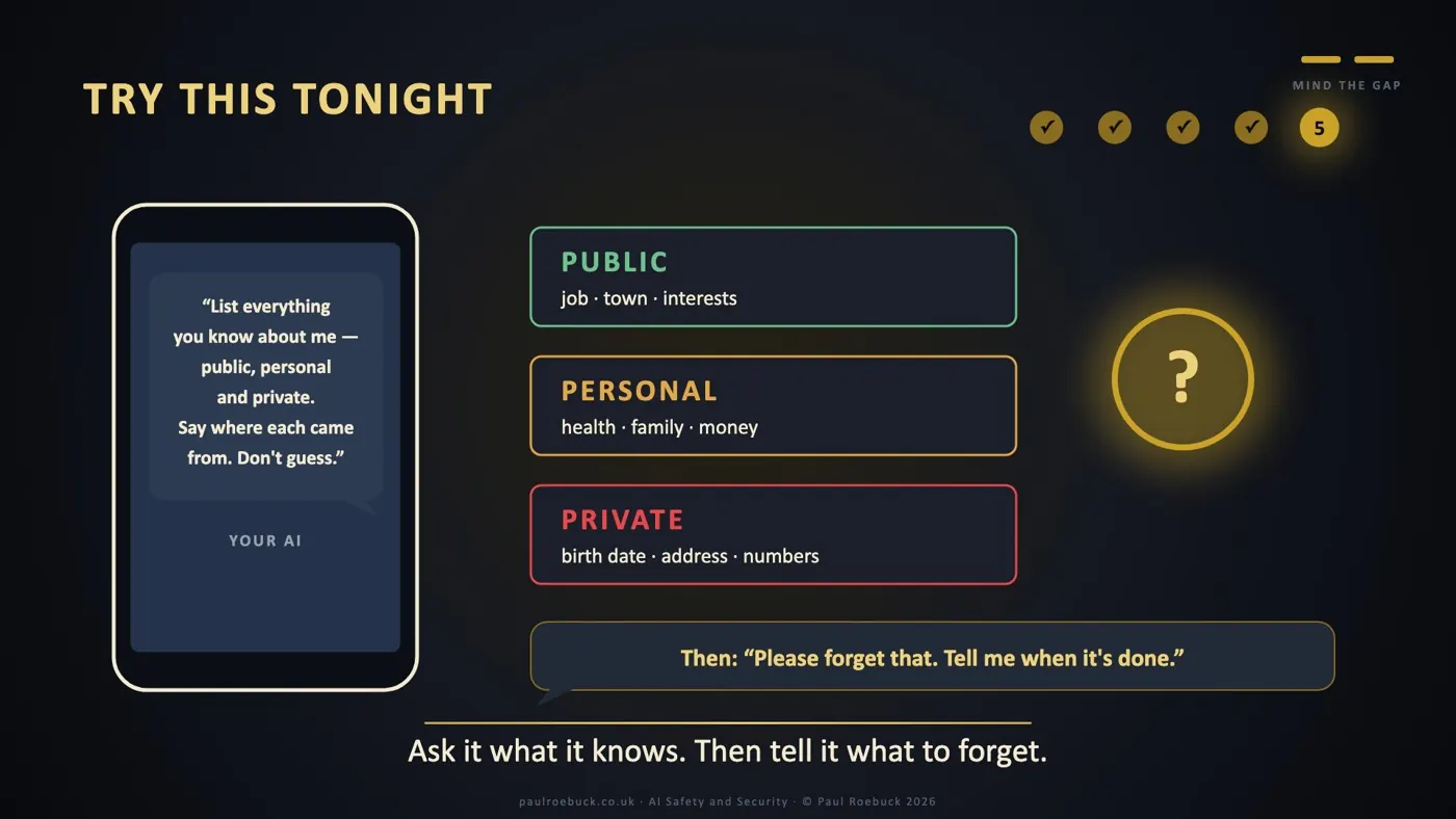 Slide 41: Try This Tonight. Ask it what it knows. Then tell it what to forget.