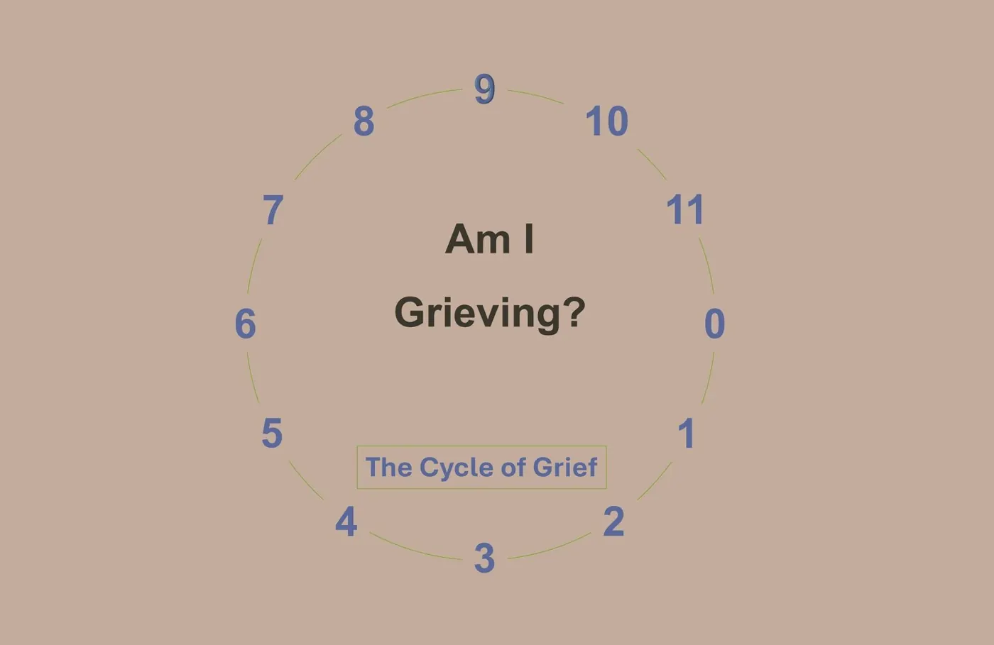 Am I Grieving? title card on the Cycle of Grief circle numbered 0 to 11