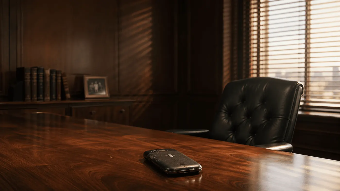 An old BlackBerry phone lying on a polished boardroom desk in a wood-panelled executive office