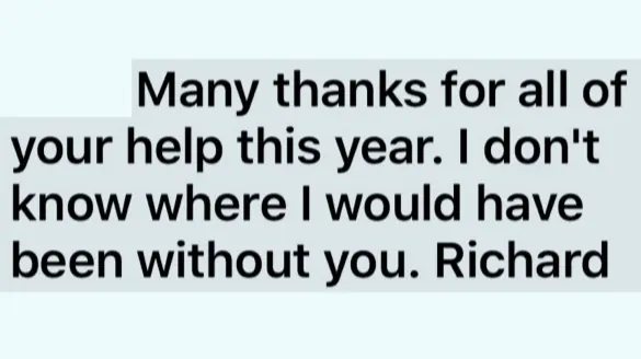 Client testimonial: Many thanks for all of your help this year
