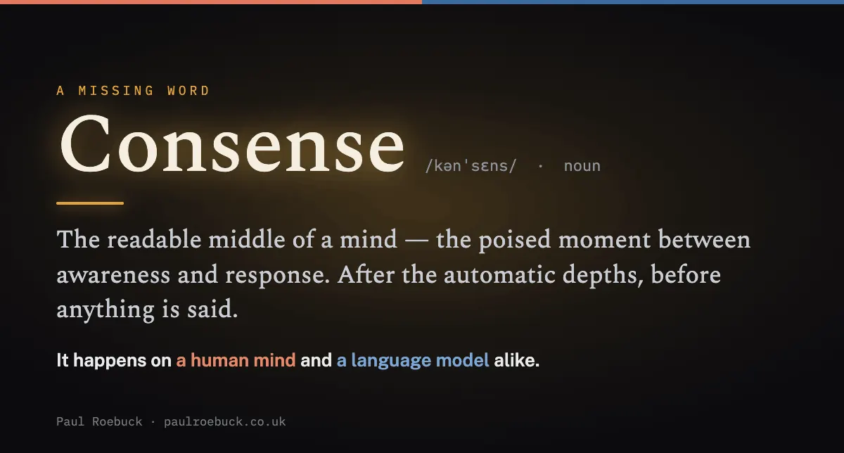 Definition card: Consense, the readable middle of a mind between awareness and response, in humans and language models