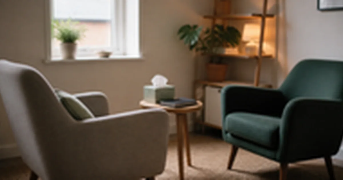 A counselling room: two armchairs facing each other in soft daylight, a box of tissues on the side table