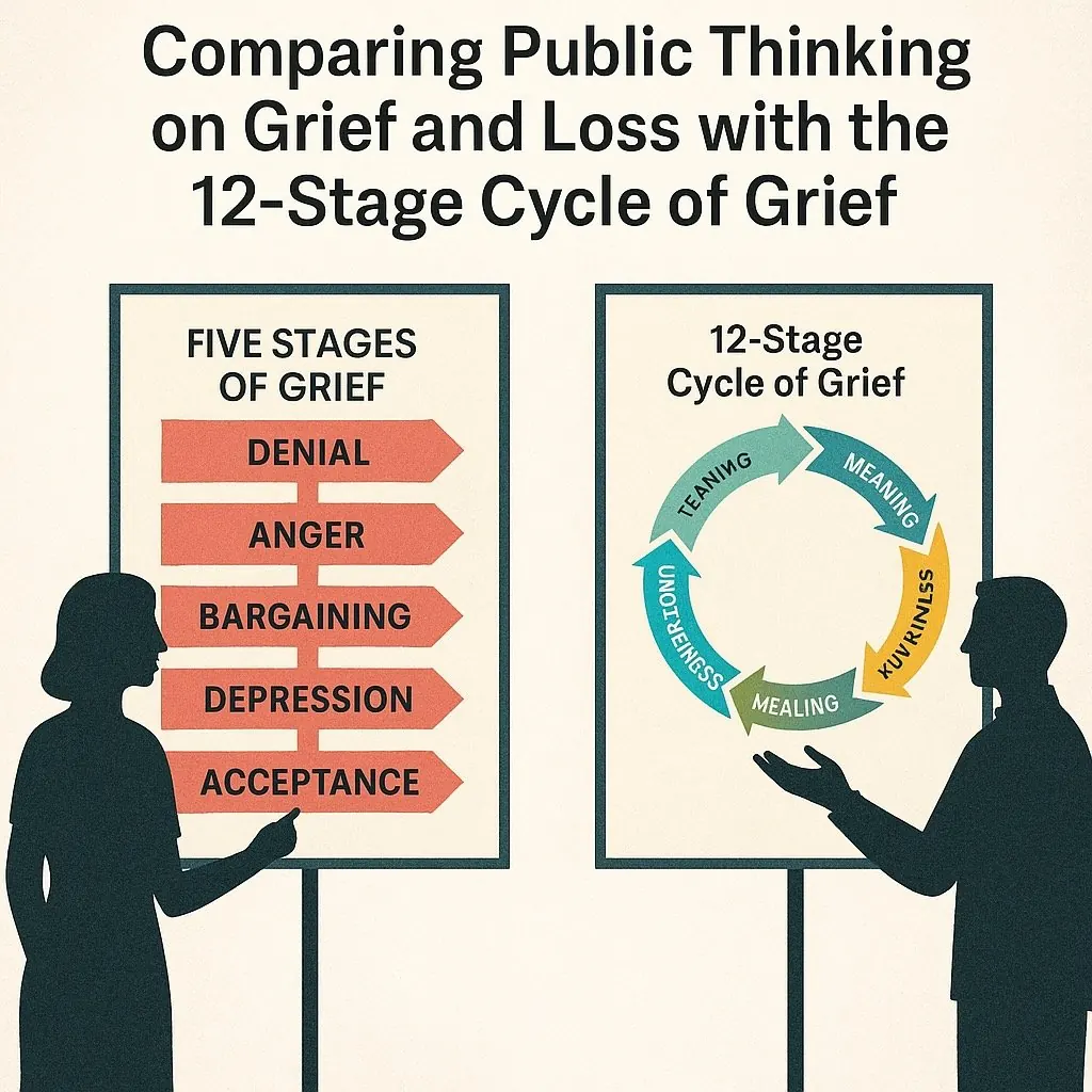 Illustration comparing the Five Stages of Grief with the 12-Stage Cycle of Grief on two display boards