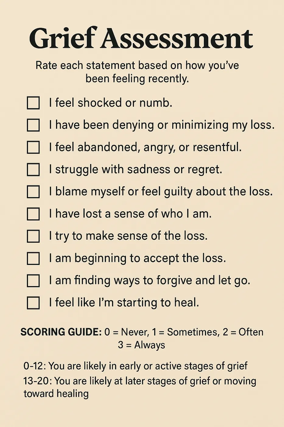 Grief assessment checklist: ten statements from I feel shocked or numb to I'm starting to heal, with a scoring guide