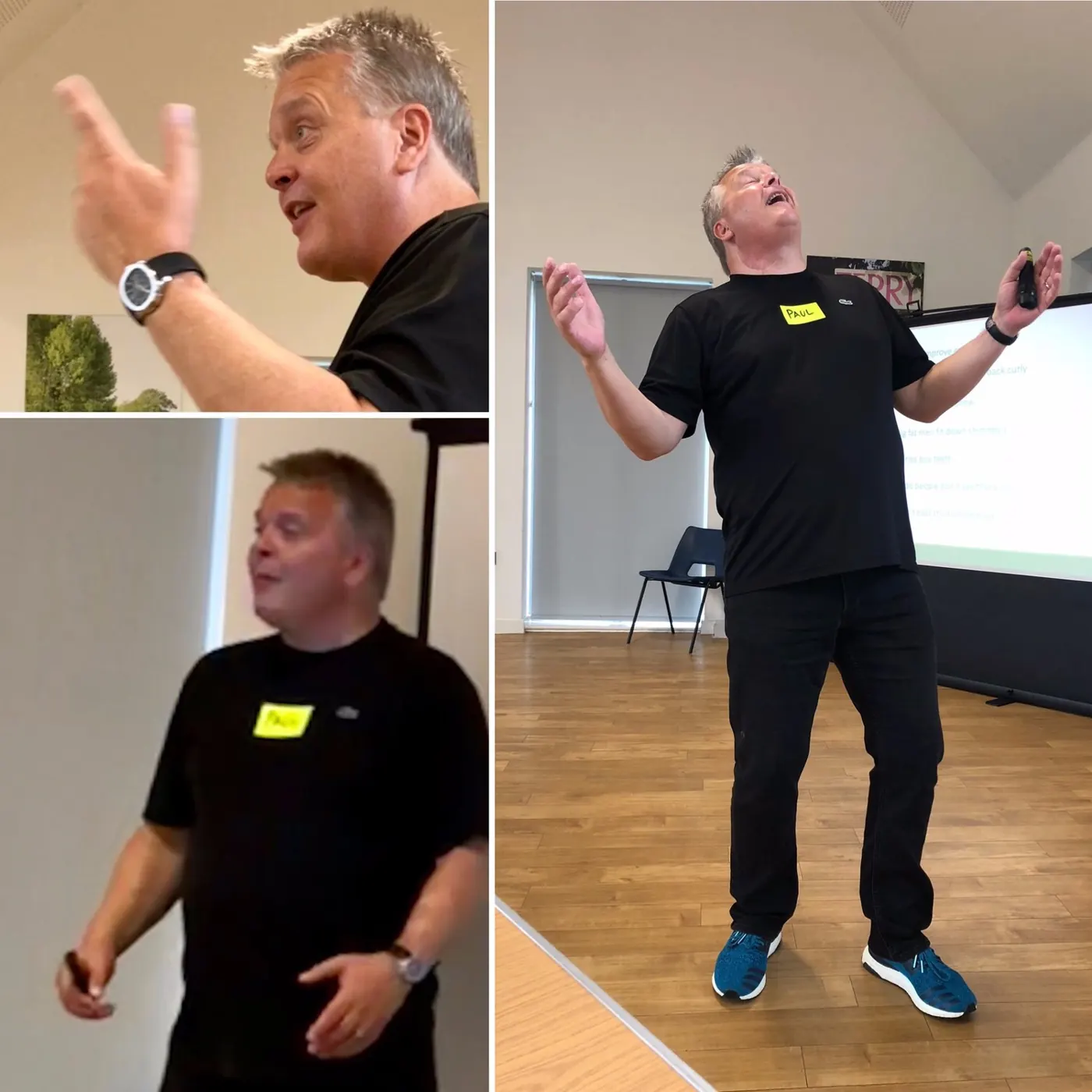 Collage of Paul Roebuck presenting energetically at an Emotional Fitness session