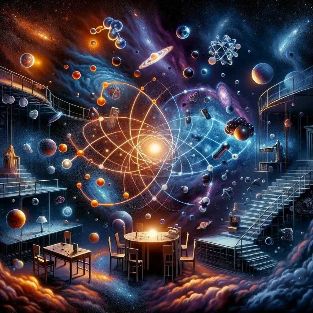 Surreal illustration of orbiting particles and planets in deep space, suggesting dark matter linking all matter