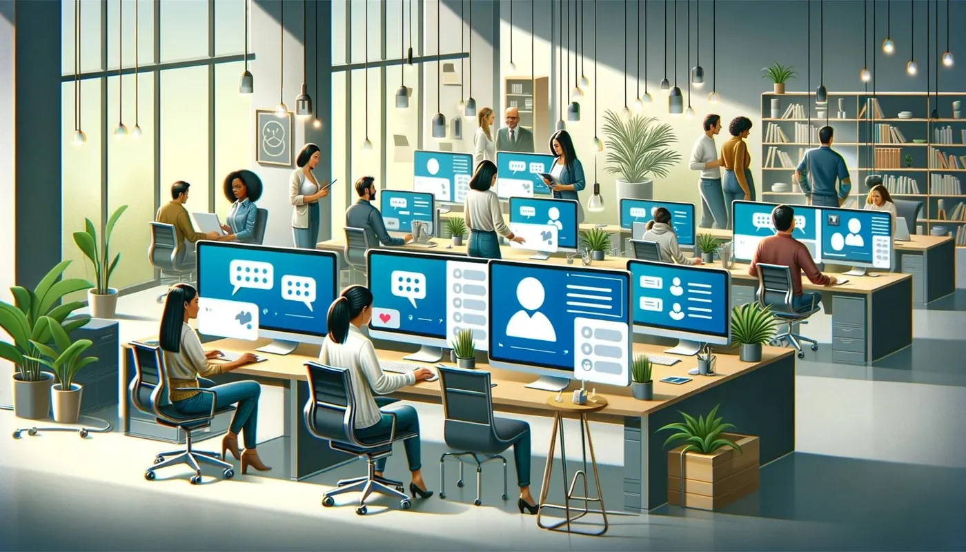 Illustration of a bright open-plan office where people work at screens showing chat assistant interfaces