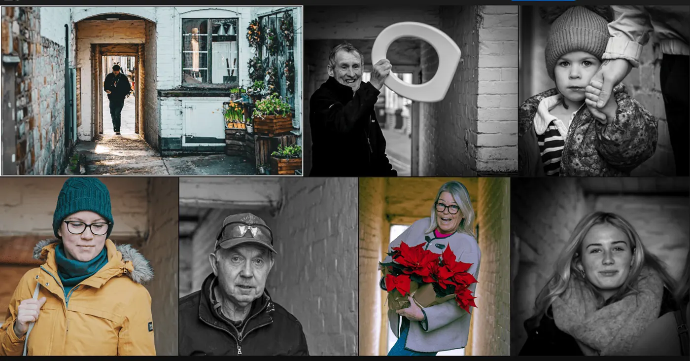 Grid of seven street photographs and portraits by Paul Roebuck from his intentional photography work