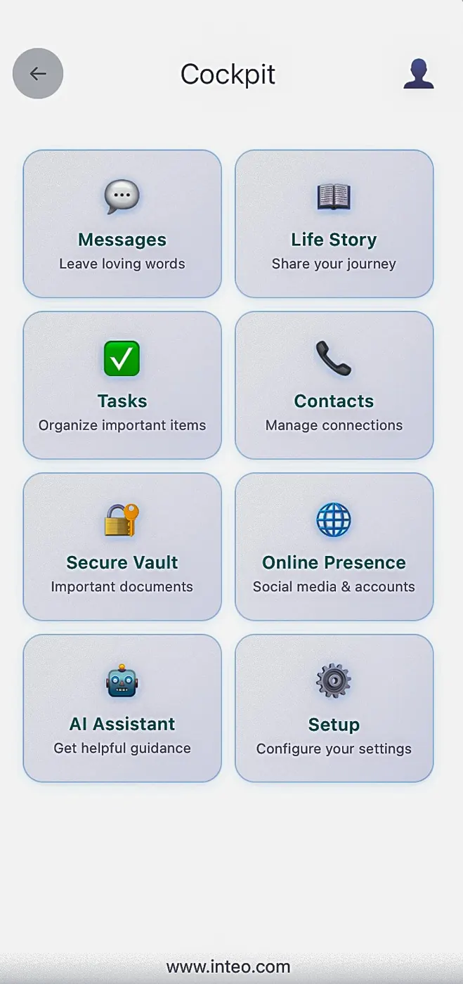 InTeo app cockpit screen with tiles for messages, life story, tasks, contacts, vault and AI assistant