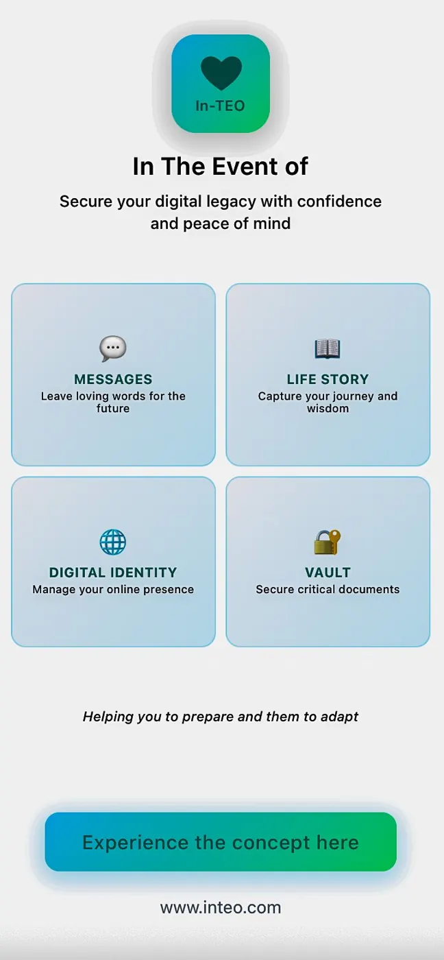 InTeo app home screen: messages, life story, digital identity and vault, securing your digital legacy