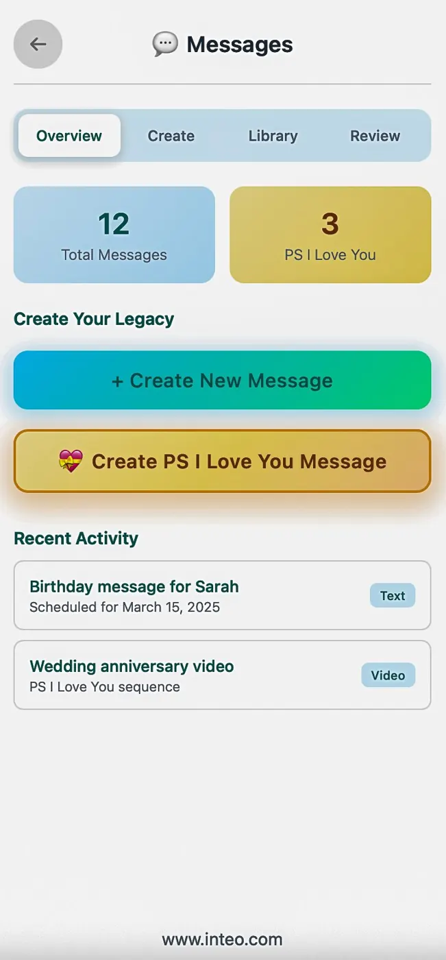 InTeo app messages screen with options to create legacy messages and a PS I Love You message