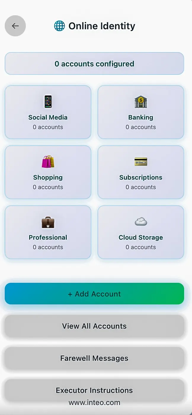 InTeo app online identity screen for social media, banking, shopping and subscription accounts