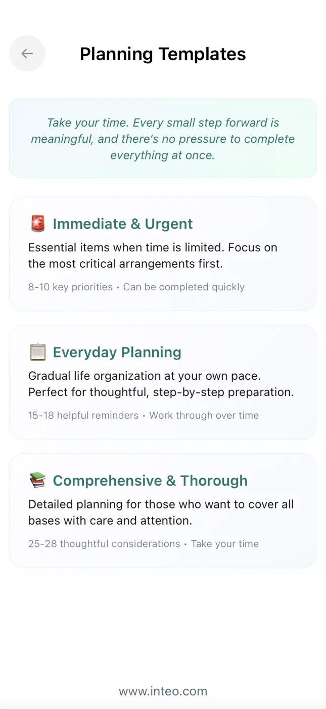 InTeo app planning templates: immediate and urgent, everyday planning, and comprehensive