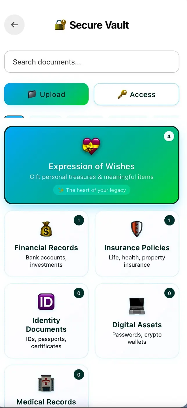 InTeo app secure vault screen for expression of wishes, financial records, insurance and identity documents