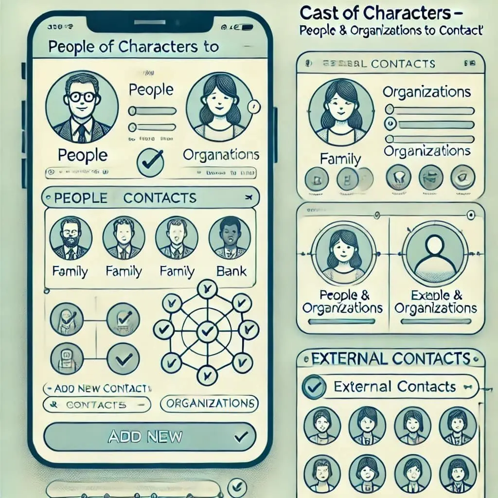 App mock-up of an InTeo cast of characters screen listing family, bank and other contacts to notify