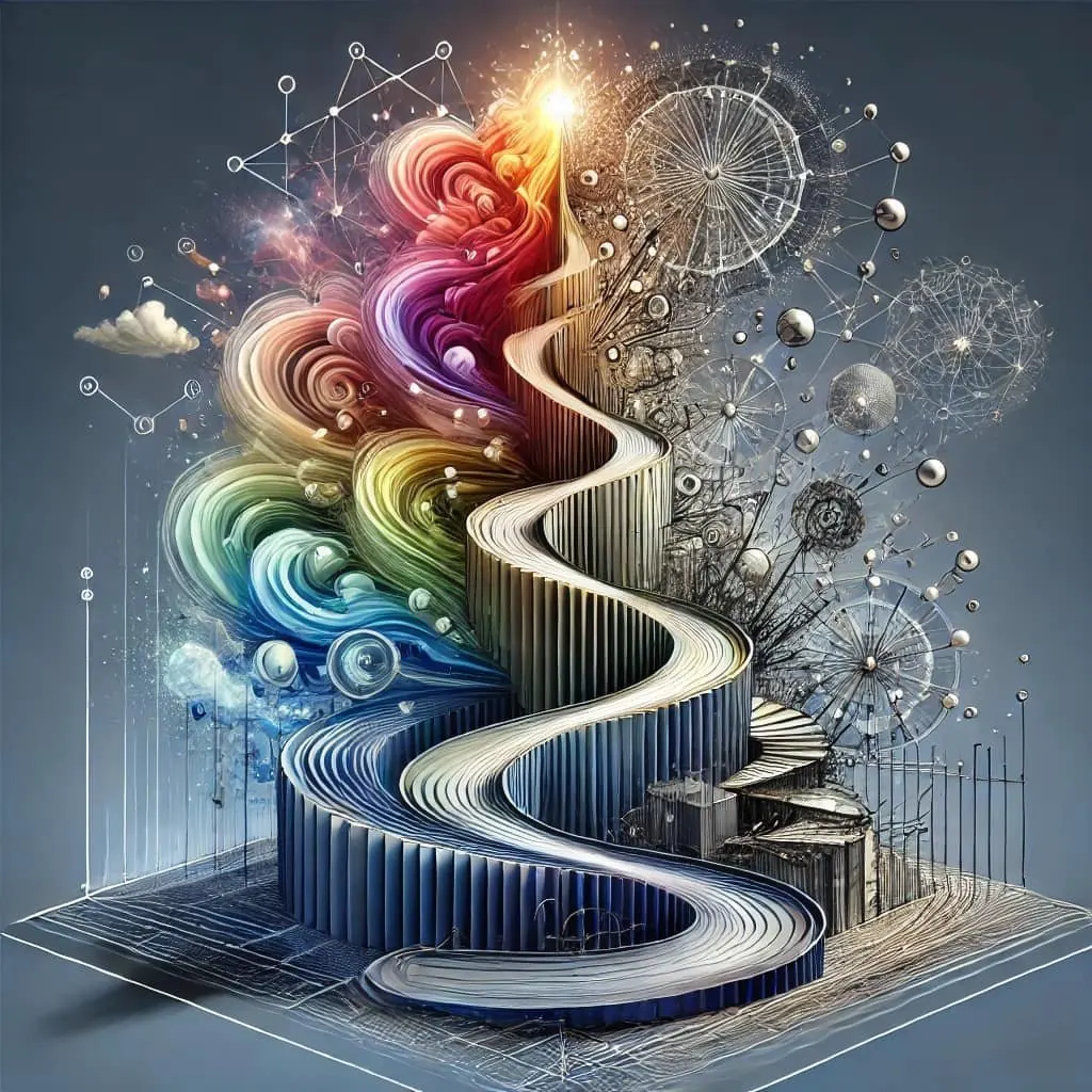 Abstract illustration of a spiralling ribbon path surrounded by colour swirls and connected nodes