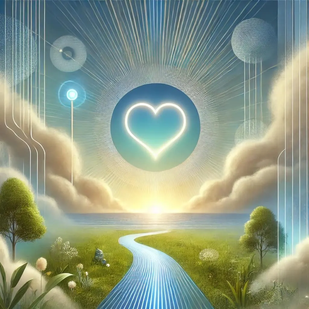 Illustration of a glowing heart above a winding path through green fields towards the sea