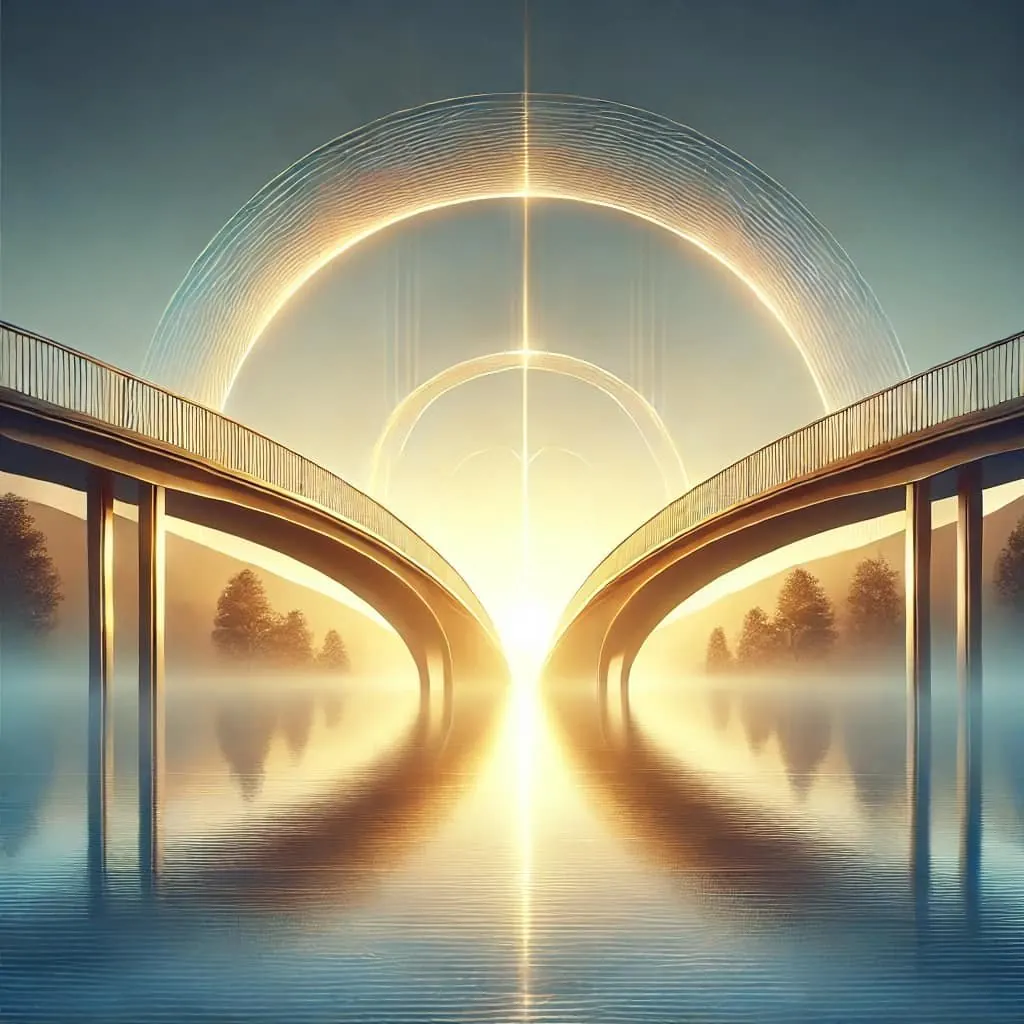 Illustration of two bridges reaching towards each other over still water beneath a glowing arc