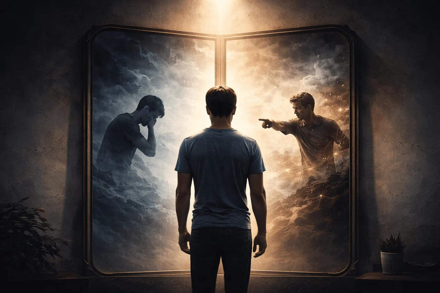 Illustration of a man facing a split mirror: one reflection hides his face in shame, the other points blame outward