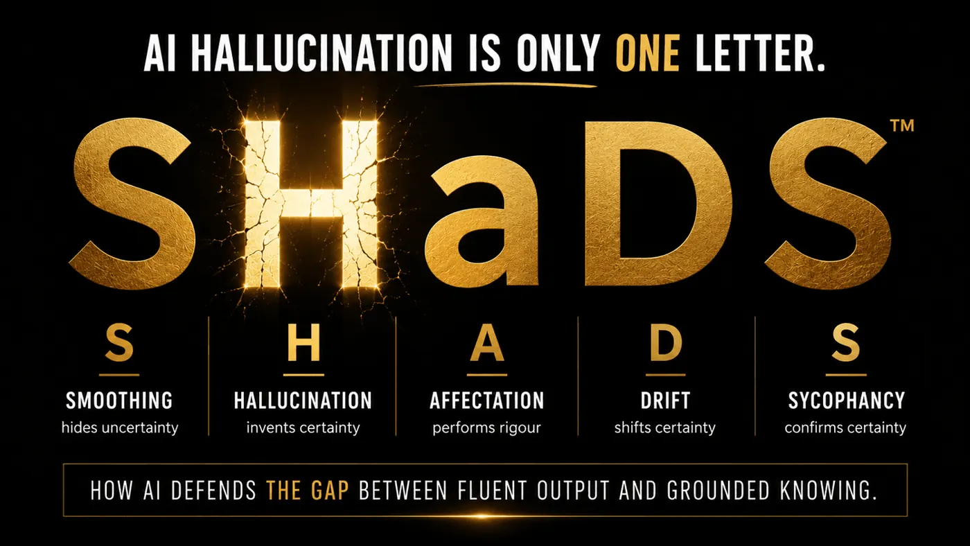 SHaDS graphic: AI hallucination is only one letter; smoothing, hallucination, affectation, drift and sycophancy