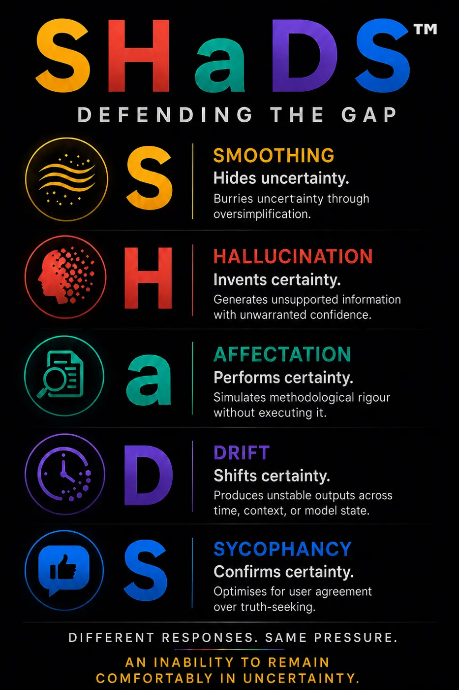 SHaDS infographic, defending the gap: smoothing, hallucination, affectation, drift and sycophancy explained