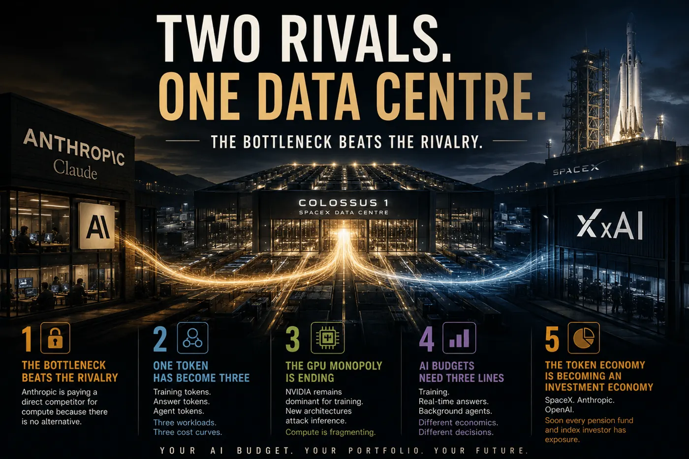 Infographic: Two rivals, one data centre, Anthropic and xAI share SpaceX compute, with five points on AI budgets