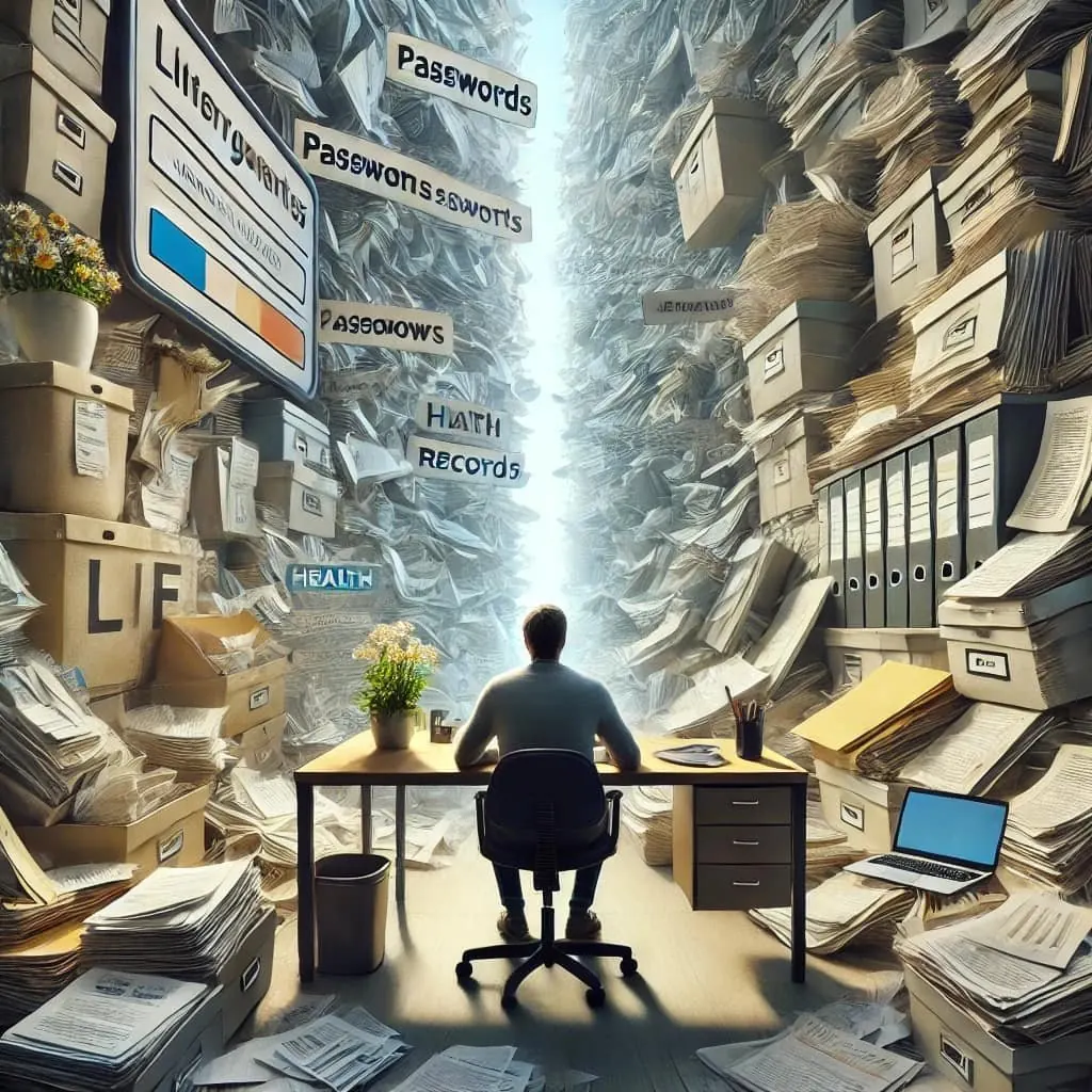 Illustration of a man at a desk surrounded by towering boxes and files labelled passwords and health records